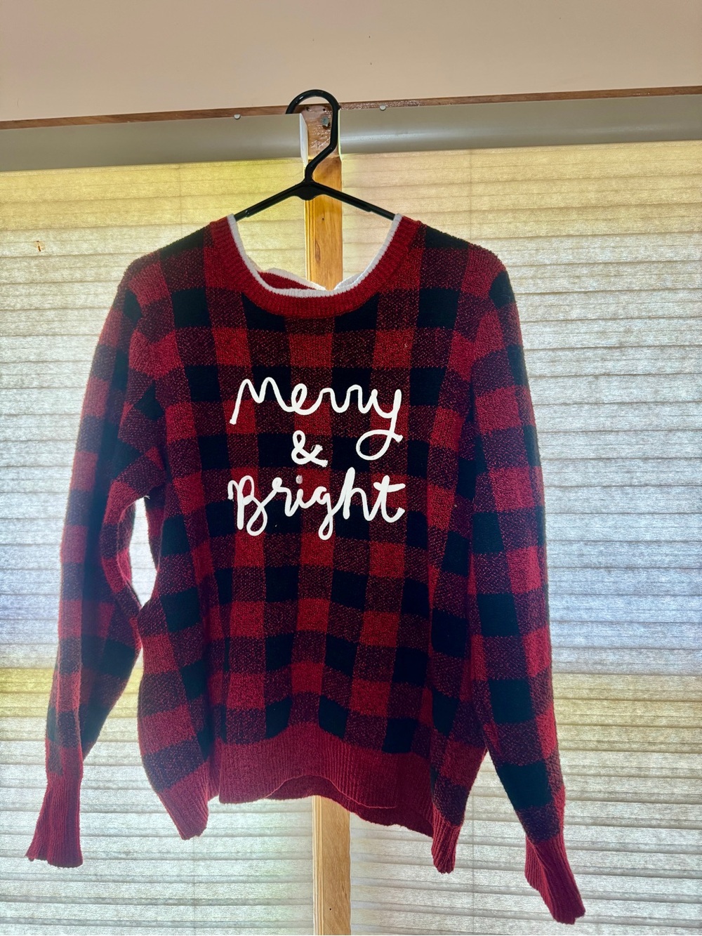 Holiday Time Red and Black Plaid "Merry & Bright" Crewneck Sweater